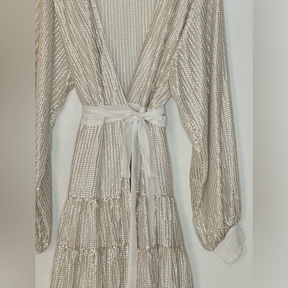 ASOS Champagne Gold/Platinum Metallic Sequins Belted Long Sleeve Wrap Dress - Picture 11 of 15